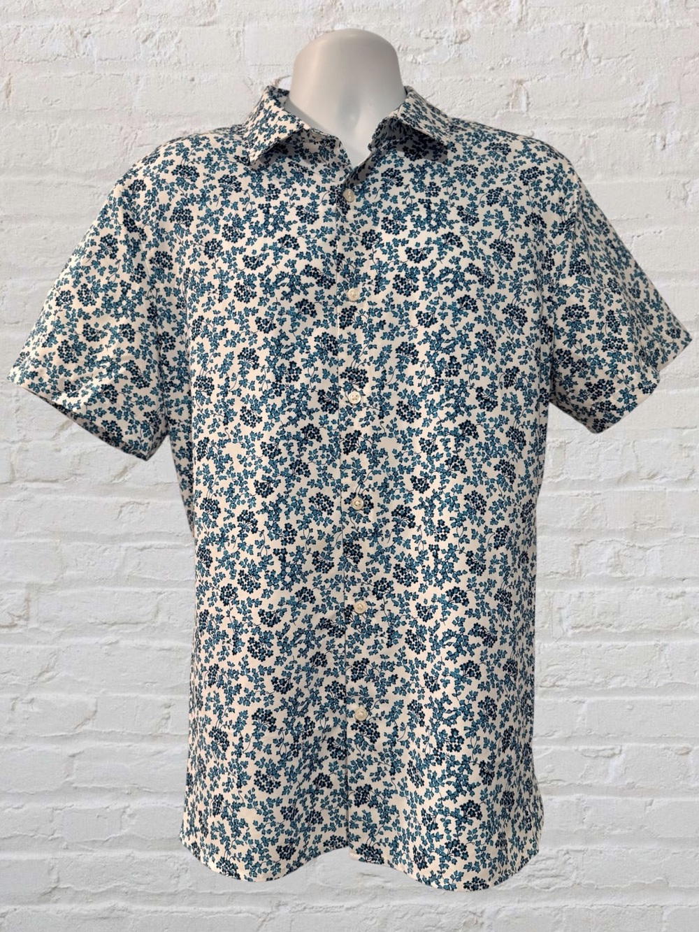 Perry Ellis Stretch SS Button Down Shirt L White Blue Floral Ditsy Print